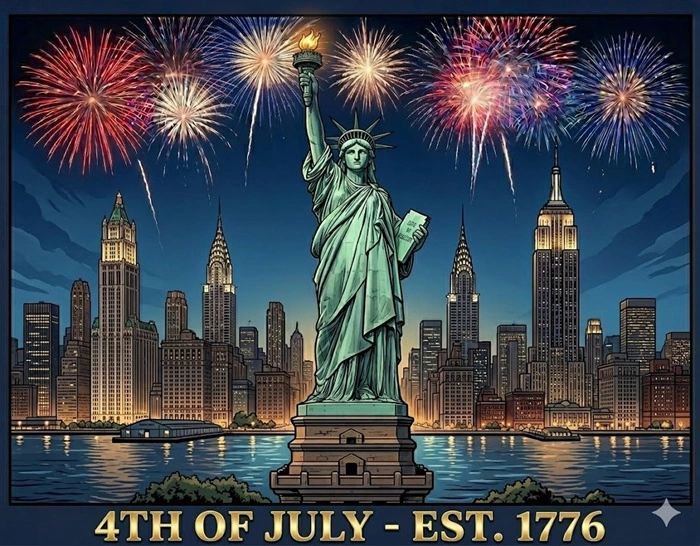 Fourth of July fireworks over the New York City skyline and the Statue of Liberty