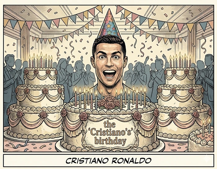 Cartoon of Cristiano Ronaldo celebrating a birthday