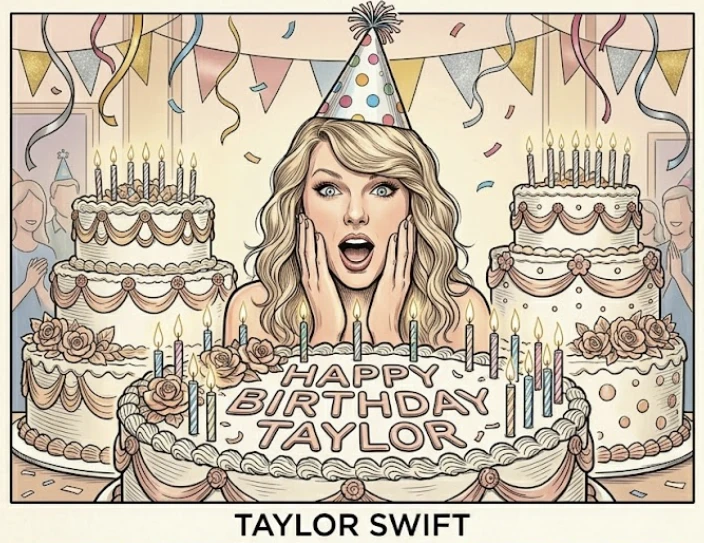 Cartoon of Taylor Swift celebrating a birthday