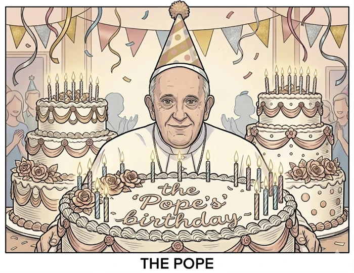 Cartoon of Pope Leo XIV celebrating a birthday