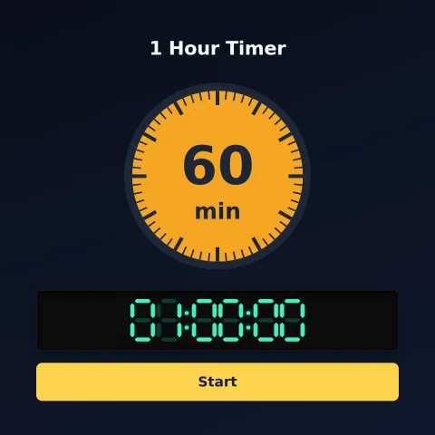 The alarm-clock.org 1-hour timer: an analog dial with 60 minutes shaded orange, the digital read-out and a Start button