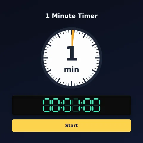 The alarm-clock.org 1-minute timer: an analog dial with 1 minute shaded orange, the digital read-out and a Start button