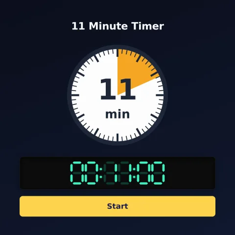 The alarm-clock.org 11-minute timer: an analog dial with 11 minutes shaded orange, the digital read-out and a Start button