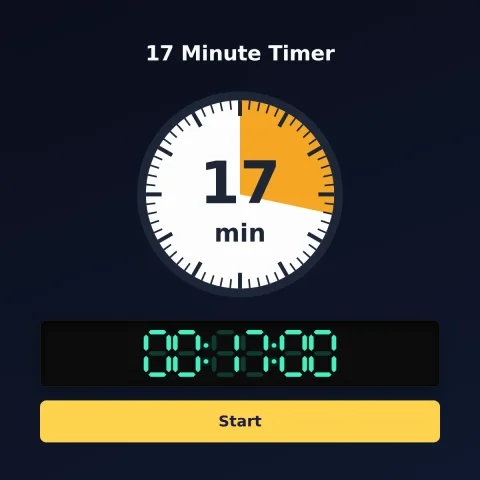The alarm-clock.org 17-minute timer: an analog dial with 17 minutes shaded orange, the digital read-out and a Start button