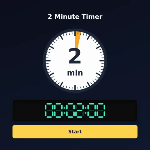 The alarm-clock.org 2-minute timer: an analog dial with 2 minutes shaded orange, the digital read-out and a Start button