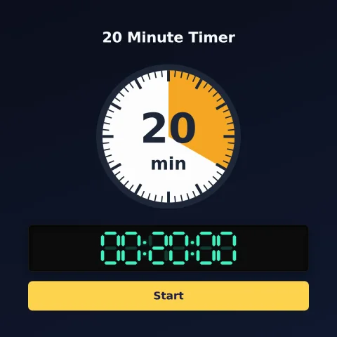 The alarm-clock.org 20-minute timer: an analog dial with 20 minutes shaded orange, the digital read-out and a Start button