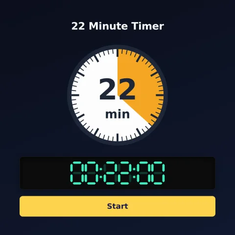 The alarm-clock.org 22-minute timer: an analog dial with 22 minutes shaded orange, the digital read-out and a Start button
