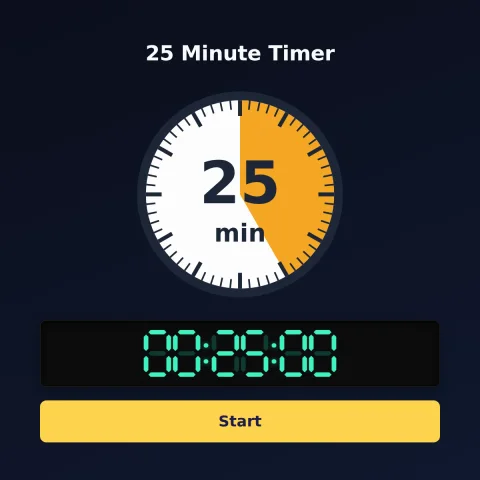 The alarm-clock.org 25-minute timer: an analog dial with 25 minutes shaded orange, the digital read-out and a Start button