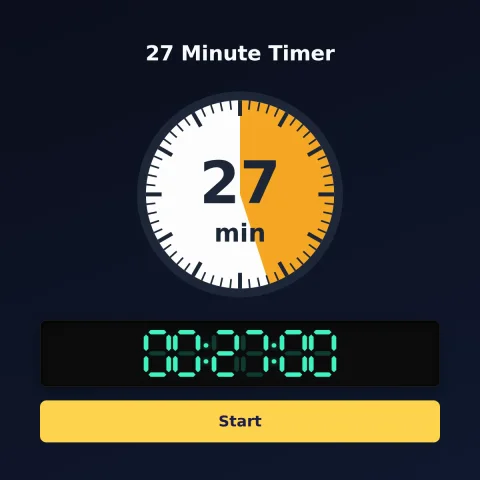 The alarm-clock.org 27-minute timer: an analog dial with 27 minutes shaded orange, the digital read-out and a Start button