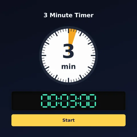 The alarm-clock.org 3-minute timer: an analog dial with 3 minutes shaded orange, the digital read-out and a Start button