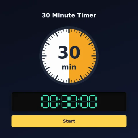 The alarm-clock.org 30-minute timer: an analog dial with 30 minutes shaded orange, the digital read-out and a Start button