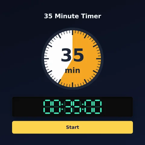 The alarm-clock.org 35-minute timer: an analog dial with 35 minutes shaded orange, the digital read-out and a Start button