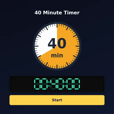 The alarm-clock.org 40-minute timer: an analog dial with 40 minutes shaded orange, the digital read-out and a Start button