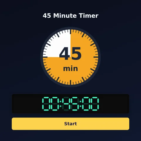The alarm-clock.org 45-minute timer: an analog dial with 45 minutes shaded orange, the digital read-out and a Start button