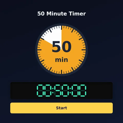 The alarm-clock.org 50-minute timer: an analog dial with 50 minutes shaded orange, the digital read-out and a Start button