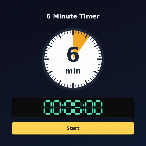 The alarm-clock.org 6-minute timer: an analog dial with 6 minutes shaded orange, the digital read-out and a Start button