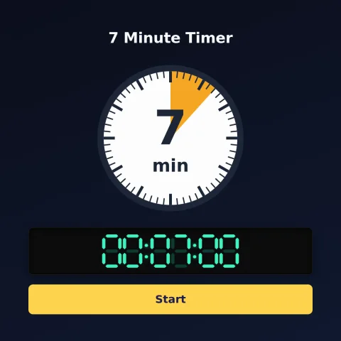 The alarm-clock.org 7-minute timer: an analog dial with 7 minutes shaded orange, the digital read-out and a Start button