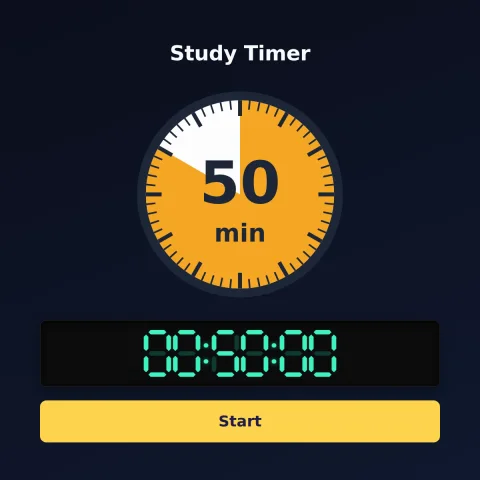 The alarm-clock.org 50-minute timer: an analog dial with 50 minutes shaded orange, the digital read-out and a Start button