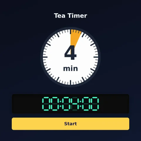 The alarm-clock.org 4-minute timer: an analog dial with 4 minutes shaded orange, the digital read-out and a Start button